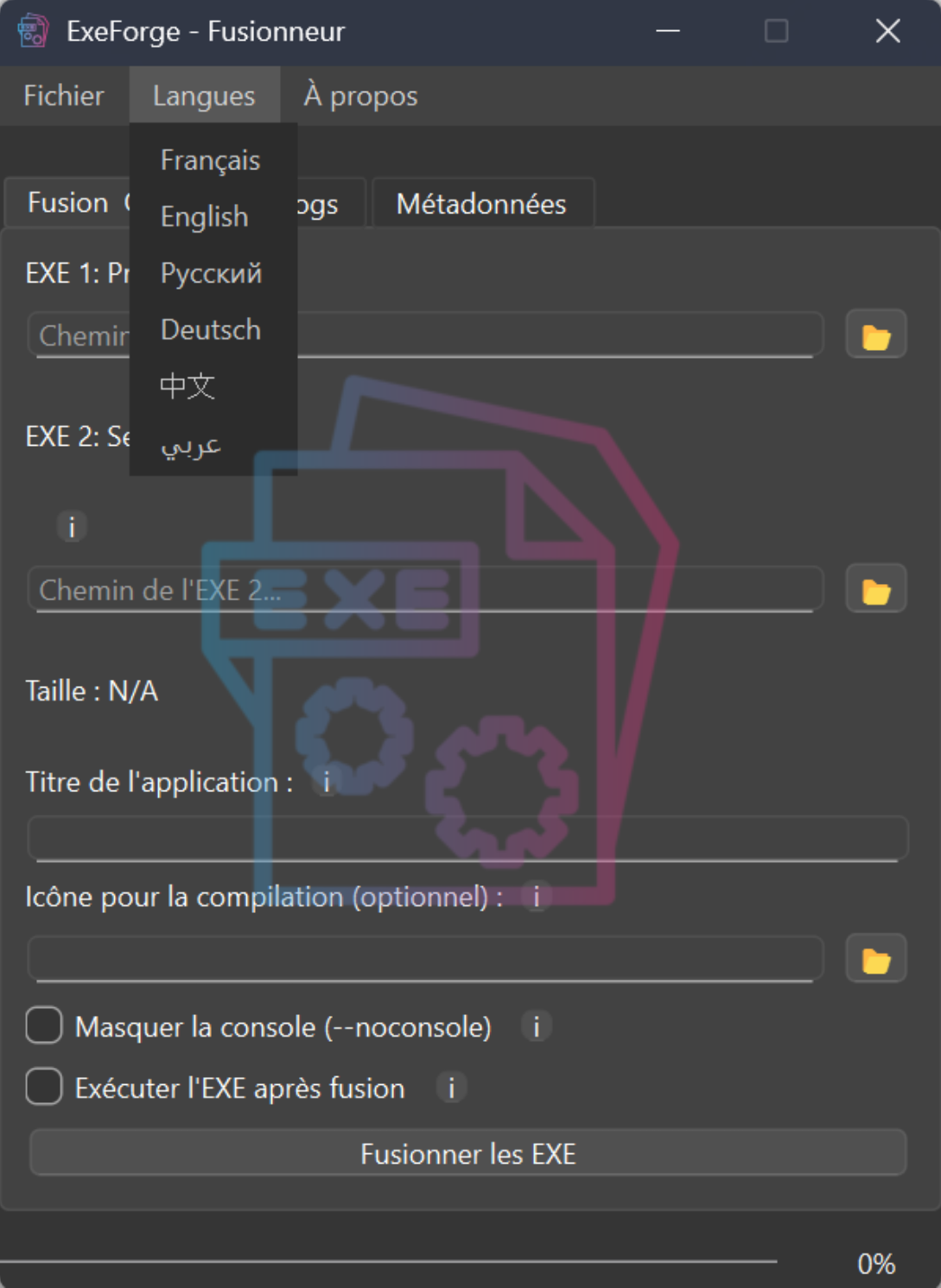 Panneau de métadonnées d'ExeForge permettant de personnaliser nom de société, version, description et icône de l'exécutable